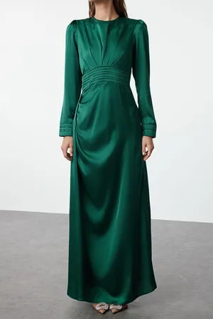 Trendyol Emerald Green Belt Detailed Satin Woven Evening Dress