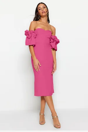 Trendyol Fuchsia Rose Accessory Detailed Woven Elegant Evening Dress