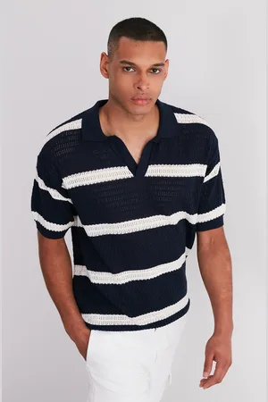 Trendyol Limited Edition Navy Blue Regular Fit Cotton Striped Knitwear Polo Neck T-Shirt