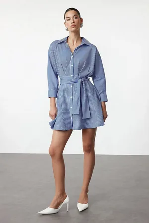Trendyol Blue Belted Striped Mini Woven Shirt Dress