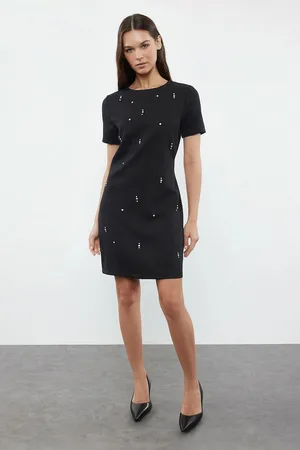 Trendyol Black Shift/Plain Pattern Stone Embroidered Mini Woven Dress