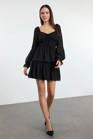 Trendyol Black Ruffle Mini Chiffon Lined Woven Dress