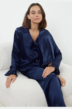 Trendyol Navy Blue Ruffle Detailed Satin Woven Pajama Set