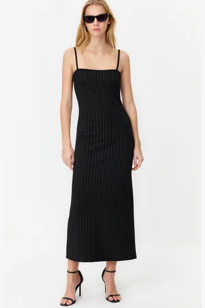 Trendyol Black Striped Strappy Bodycone/Body-hugging Knitted Maxi Pencil Dress