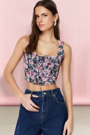 Trendyol Pink Floral Patterned Square Neck Fitted/Fits-Your-Body Tulle Knitted Blouse
