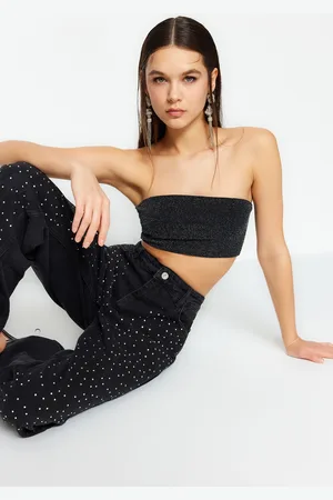 Trendyol Anthracite Crop Shiny Knitted Bustier