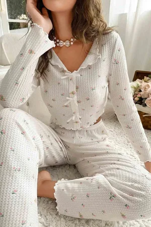 Dewberry 76638 Special Fabric Printed Long Sleeve Pyjamas-MULTICOLOR