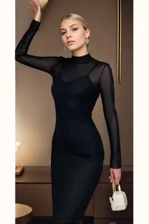Dewberry Z2277 Womens Black Lined Half Turtleneck Dress-BLACK