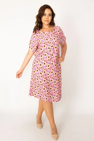 sans Šaty pro ženy plus size značky z barevné tkané viskózové látky s předními knoflíky a páskem v pase