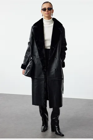 Trendyol Black Oversize Wide Cut Belted Fur Collar Detail Long Faux Leather Coat