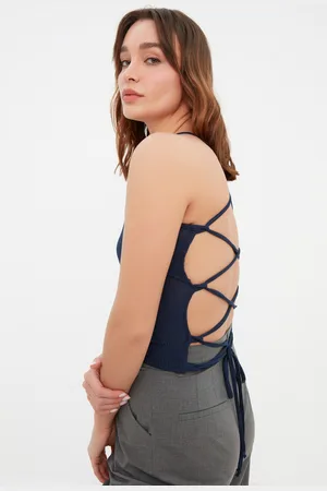 Trendyol Navy Blue Low-Cut Back Fitted/Slee-Down Ribbed, Flexible Knitting Singlet