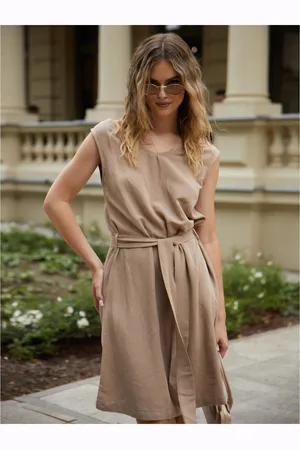 Edoti Midi dress, wide straps with linen