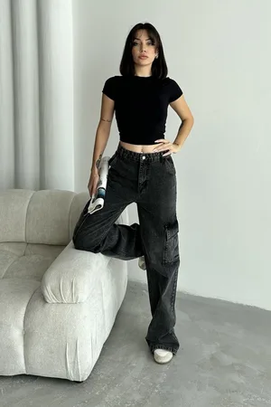 Trendyol Anthracite Cargo Pocket High Waist Wide Leg Jeans