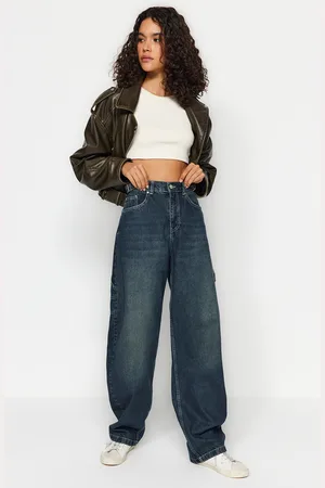 Trendyol Dark Blue More Sustainable Wash Effect Loose Cut High Waist Carpenter Skater Jeans