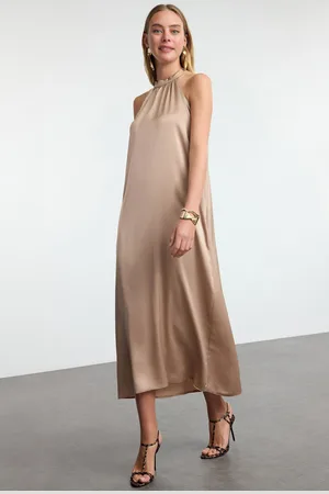 Trendyol Stone A-Line Satin Woven Midi Dress