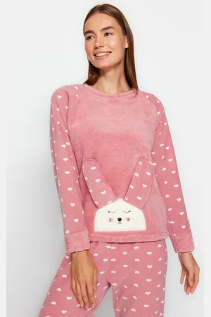 Trendyol Powder 3-Piece Heart Sleep Banded Fleece Winter Knitted Pajamas Set
