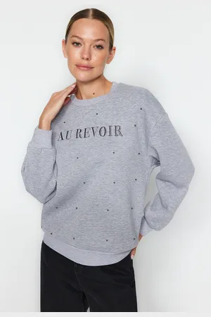 Trendyol Gray Melange Stone and Embroidery Detail Regular Fit Fleece Inside Knitted Sweatshirt