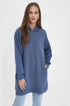 Trendyol Navy Blue Wide Fit Oversize Hooded Scuba Knitted Sweatshirt