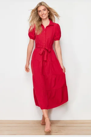 Trendyol Fuchsia Wide Cut Shirt Collar Maxi Woven Dress