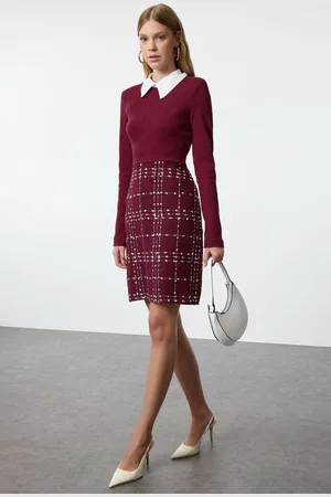 Trendyol Burgundy Plaid / Checkered Woven Dress