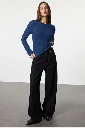 Trendyol Indigo Transparent Knitwear Look Fabric Regular Size Crew Neck Knitted Blouse