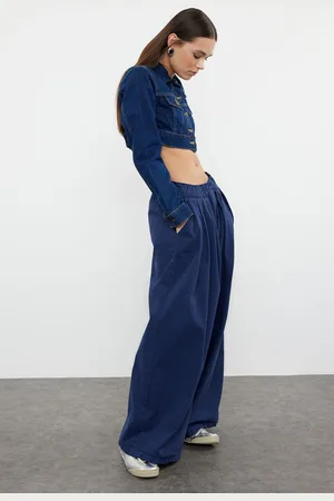 Trendyol Navy Blue Pleated High Waist Wide Leg Jeans