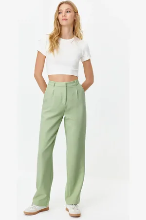 Trendyol Mint Straight/Straight Cut Pleated Woven Fabric Trousers