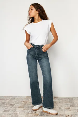 Trendyol Dark Blue Faded Effect Vintage High Waist Wide Leg Jeans