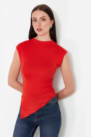 Trendyol Red Stand Collar Gather/Drape Detailed Fitted/Asymmetrical Knitted Blouse