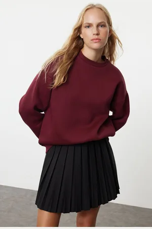 Trendyol Claret Red Oversize/Relaxed Cut Basic Crew Neck Thick/Polar Inside Knitted Sweatshirt