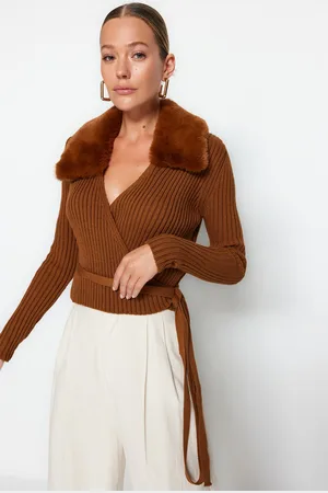 Trendyol Brown Faux Für Detail Pletený svetr