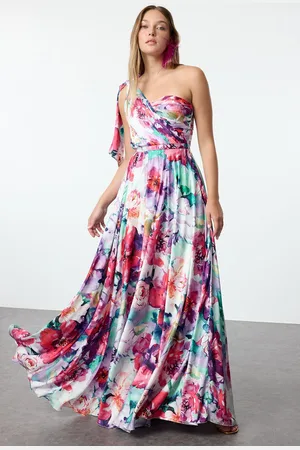 Trendyol Multi-Colored Floral Patterned One-Shoulder Woven Long Elegant Evening Dress