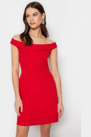 Trendyol Burgundy Mini Boat Neck tkané tkané šaty