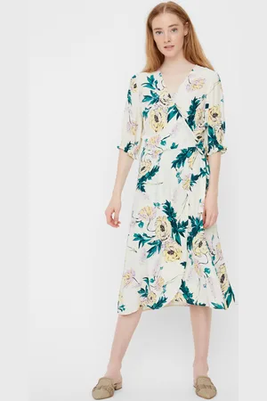 VERO MODA Krémové květované zavinovací midišaty Oline