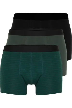 Trendyol 3-Piece Green-Black Striped-Plain Mix Cotton Boxer