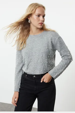 Trendyol Light Grey Soft Texture Crop Stone Embroidered Knitwear Sweater