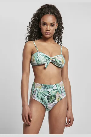 Urban classics Dámské bikiny s vysokým pasem se vzorem listové bílé