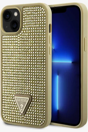 Guess Rhinestones Triangle Metal Logo Kryt pro iPhone 15 Gold Obal na telefon