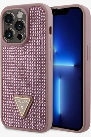 Guess Rhinestones Triangle Metal Logo Kryt pro iPhone 15 Pro Pink Obal na telefon