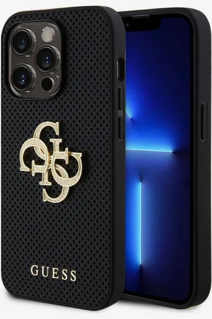 Guess PU Perforated 4G Glitter Metal Logo Zadní Kryt pro iPhone 15 Pro Black Obal na telefon