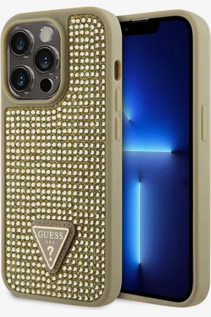 Guess Rhinestones Triangle Metal Logo Kryt pro iPhone 15 Pro Gold Obal na telefon