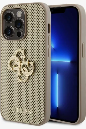 Guess PU Perforated 4G Glitter Metal Logo Zadní Kryt pro iPhone 15 Pro Gold Obal na telefon
