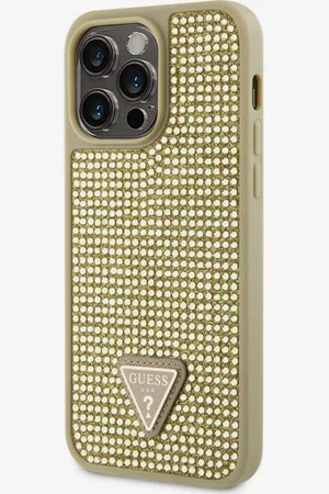 Guess Rhinestones Triangle Metal Logo Kryt pro iPhone 14 Pro Max Gold Obal na telefon