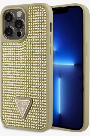 Guess Rhinestones Triangle Metal Logo Kryt pro iPhone 15 Pro Max Gold Obal na telefon