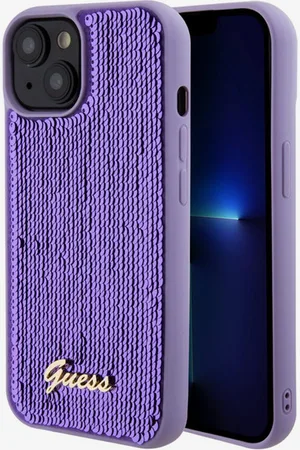 Guess Sequin Script Logo Zadní Kryt pro iPhone 15 Plus Purple Obal na telefon