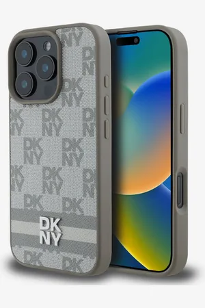 DKNY PU Leather Checkered Pattern and Stripe Zadní Kryt pro iPhone 16 Pro Max Beige Obal na telefon