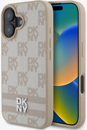 DKNY PU Leather Checkered Pattern and Stripe Zadní Kryt pro iPhone 16 Pink Obal na telefon
