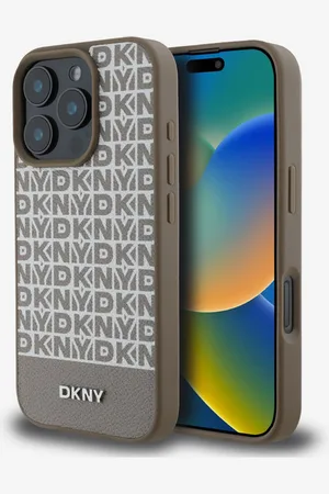 DKNY PU Leather Repeat Pattern Bottom Stripe MagSafe Zadní Kryt pro iPhone 16 Pro Max Brown Obal na telefon