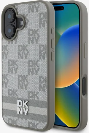 DKNY PU Leather Checkered Pattern and Stripe Zadní Kryt pro iPhone 16 Beige Obal na telefon