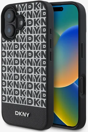 DKNY PU Leather Repeat Pattern Bottom Stripe MagSafe Zadní Kryt pro iPhone 16 Black Obal na telefon